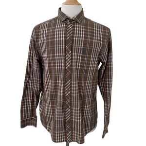 Original Penguin Men Classic Fit Long Sleeves Brown Button Front Shirt Size L